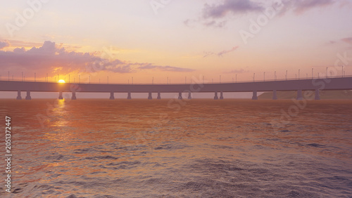 ocean bridge, sunset, sea 3d, ocean, sea sun 3d, simple nature, simple sea background 3d, streetlights
