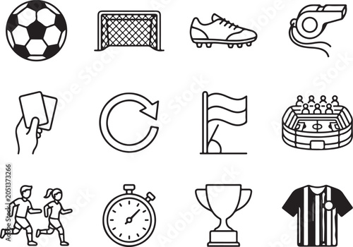 Black and white soccer sports icons and symbols set