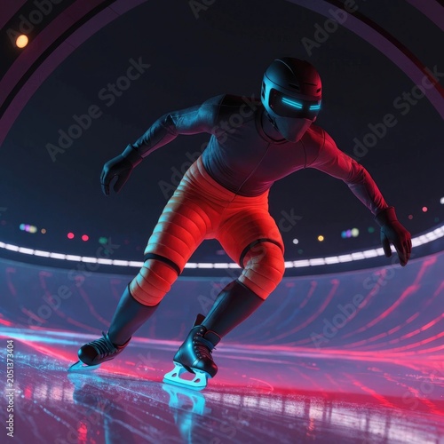 Futuristic Speed Skater Gliding on a Neon Lit Ice Rink Track.