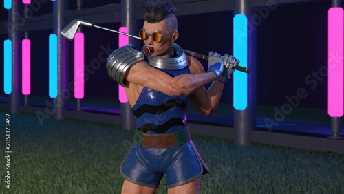Futuristic 3D character in blue athletic uniform holding a golf club behind his neck on a grassy field with neon lights background.