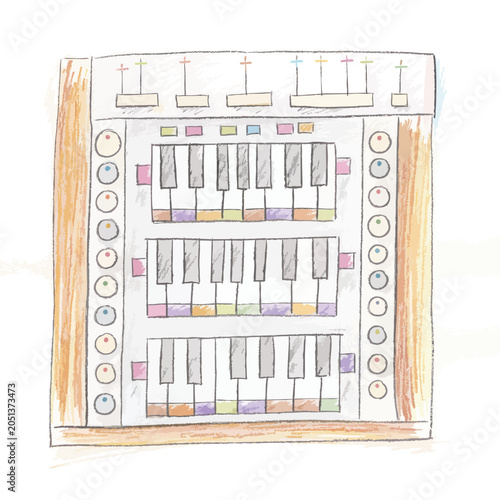 Hand drawn illustration of a three tier musical keyboard synthesizer.