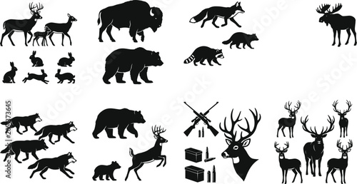 Photography Silhouettes of Wild Animals and Hunting Equipment Including Deer, Bison, Moose,