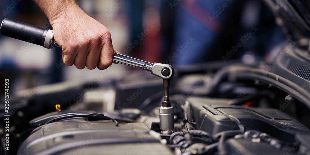 Fototapeta premium Mechanic performing engine repair with torque wrench auto shop image of technician at work indoor action shot