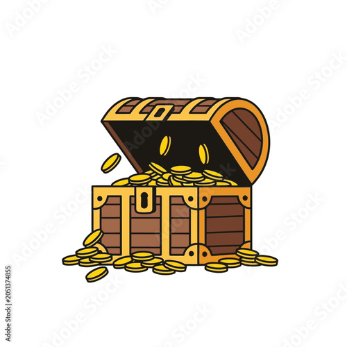 Illustration of an open wooden treasure chest filled and surrounded by a pile of gold coins