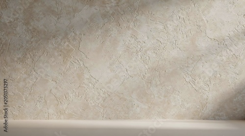A close-up view of a beige textured wall with a shelf and a shadow on it.