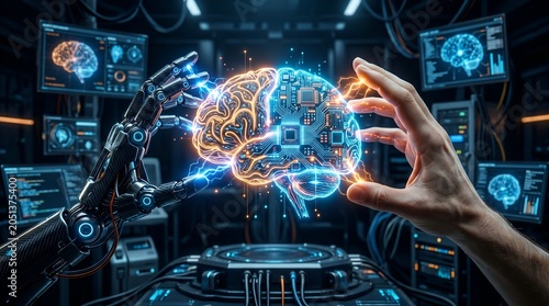 Human hand interacting with robotic arm and glowing brain circuit