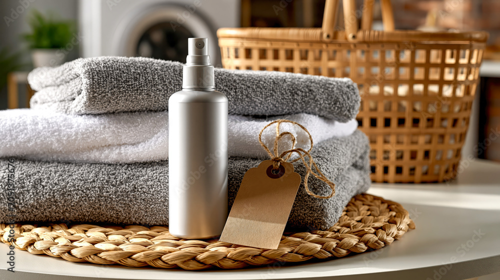 Obraz premium Cleaning spray bottle on stacks of towels with wicker basket