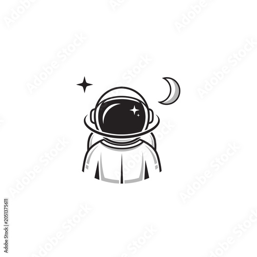 Minimalist astronaut icon with moon and star in black and white