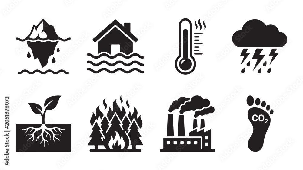 Fototapeta premium Climate Change and Environmental Impact Icon Collection