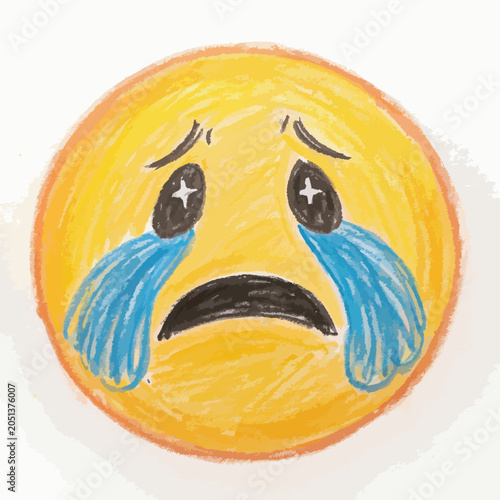 Hand drawn crying emoji with tears on white background.