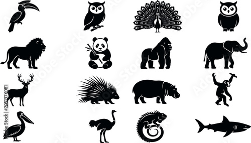 Photography Zoo wild animals and exotic birds black silhouette graphic icons set featuring l