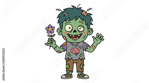 Canvas-taulu Cute Zombie Boy Holding a Flower, Cartoon Character with Stitches and Patches