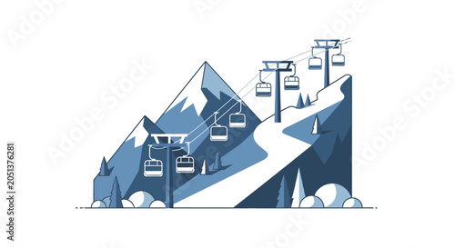 Ski resort with cable car and snowy mountains.