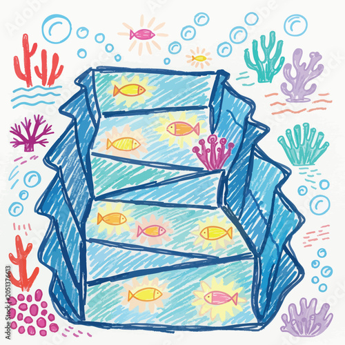 Childs drawing of a giant clam with fish inside.