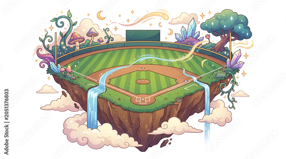 Naklejka premium Isometric Fantasy Floating Island Baseball Field Vector