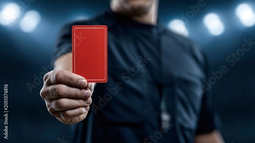 Referee's hand holding a red card indicating a player's expulsion from a soccer team, symbolizing severe penalty and rule enforcement in a sports arena