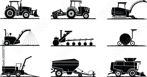 Quadro su tela Agricultural Machinery Silhouette Vector Collection Featuring Tractors, Harveste