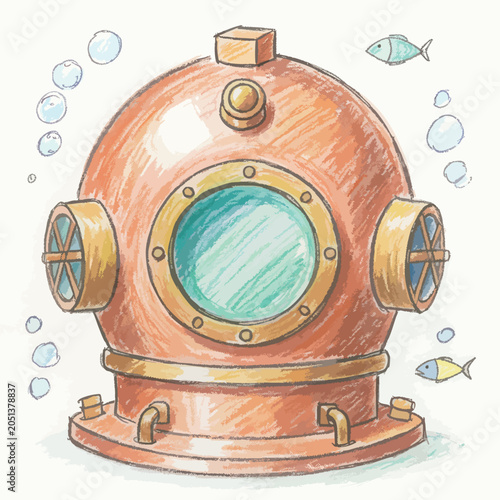 Vintage Hand Drawn Diving Helmet Illustration.
