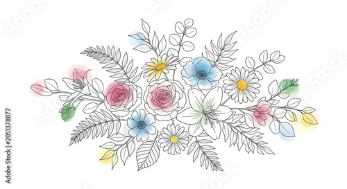 Delicate floral arrangement with hand-drawn line art and soft watercolor accents, a beautiful composition of blooming flowers and greenery