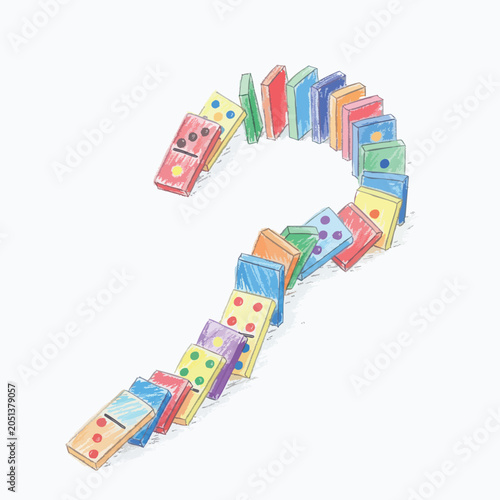 Colorful dominoes arranged in a question mark shape on a white background.