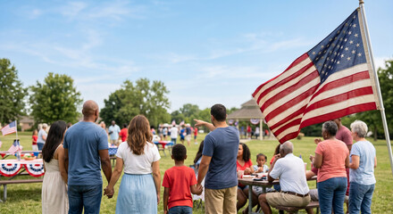 People from behind celebrating fourth of july community event with flag