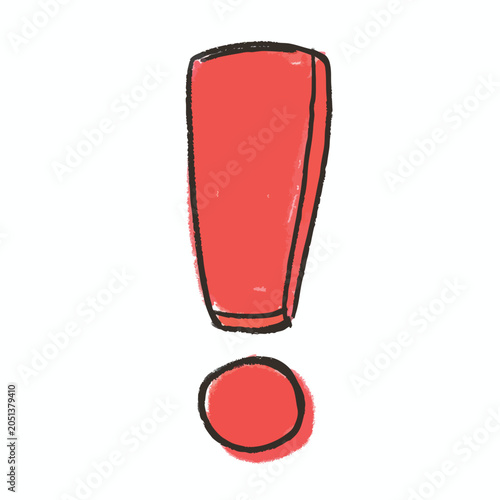 Hand drawn red exclamation mark symbol on white background.