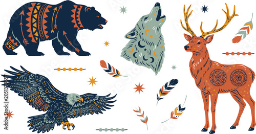 Photography Native American Style Tribal Forest Wild Animals Vector Set Featuring Ornate Pat