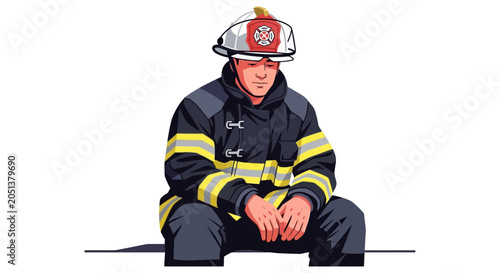 Tableau sur toile Firefighter in full gear sitting and looking thoughtful.