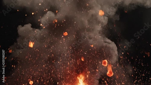 Dramatic fire explosion, flames and smoke, burning embers, fiery blaze
