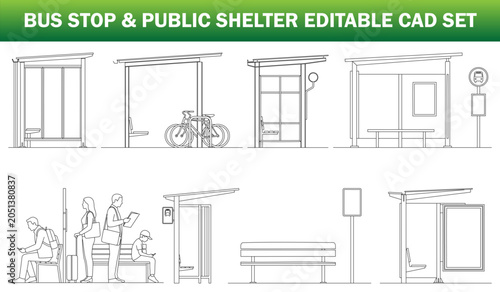 Bus Stop and Public Shelter CAD Set Transit Shelters, Waiting Areas, Bus Stations and Urban Street Furniture – CAD Block Collection Side Elevation, Clean Thin Line Architectural Style