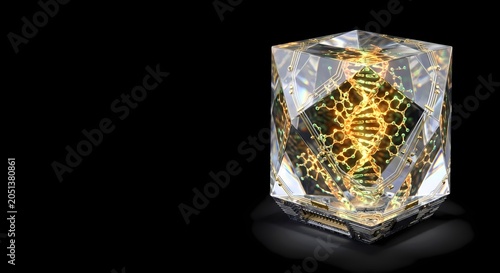 A glowing golden DNA double helix structure encased inside a faceted futuristic crystal cube, reflecting light against a solid black background.
