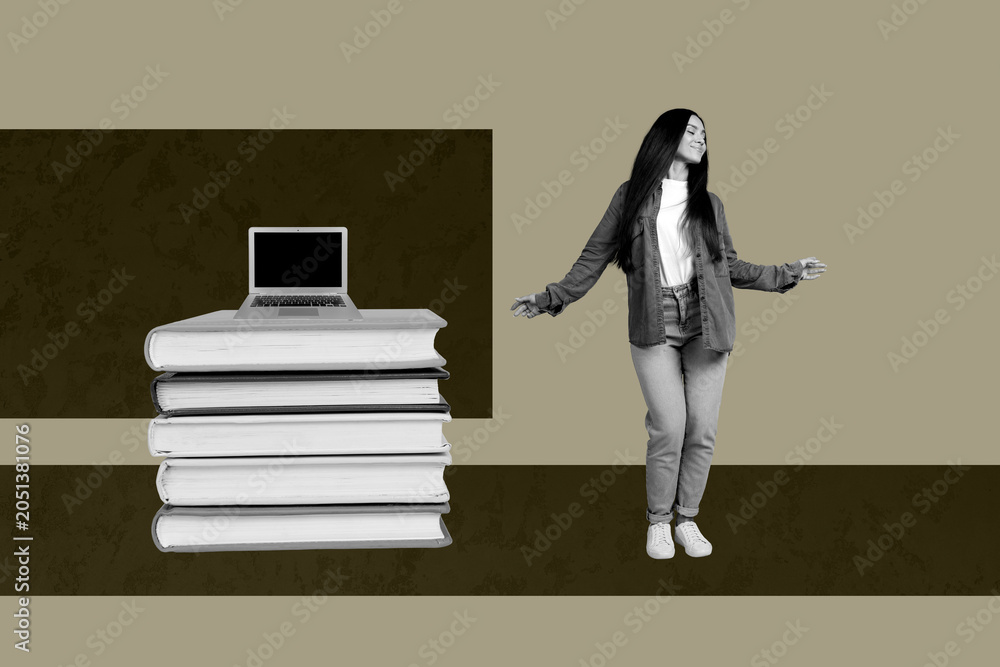 Obraz premium Composite poster image art collage of happy girl student stand pc monitor book education elearn study freelancer worker magazine