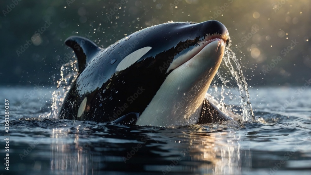 Obraz premium Close-up portrait of an orca surfacing through a ring of sparkling droplets ai