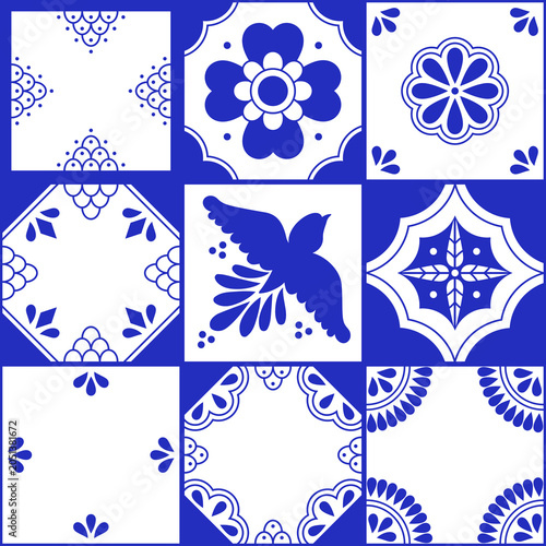 Set of traditional mexican talavera tile patterns. Blue and white ceramic art from Puebla. Mediterranean geometric ornament with flowers, leaves, swirls, bird motifs. Vector background.
