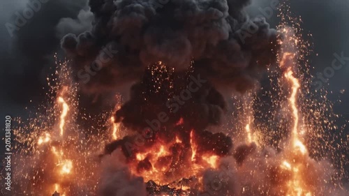 Dramatic explosion, fire and smoke, intense blaze, destructive inferno