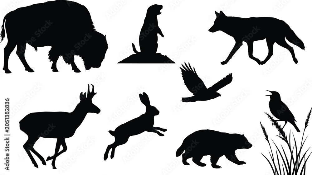 Fototapeta premium Wildlife Animal Silhouette Illustrations Featuring Bison, Wolf, Deer, Hare, Bear and Birds in Natural Poses