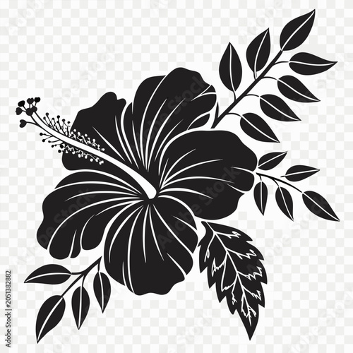 Tableau sur toile A stylized, monochrome illustration of a hibiscus flower dominates the center of the image