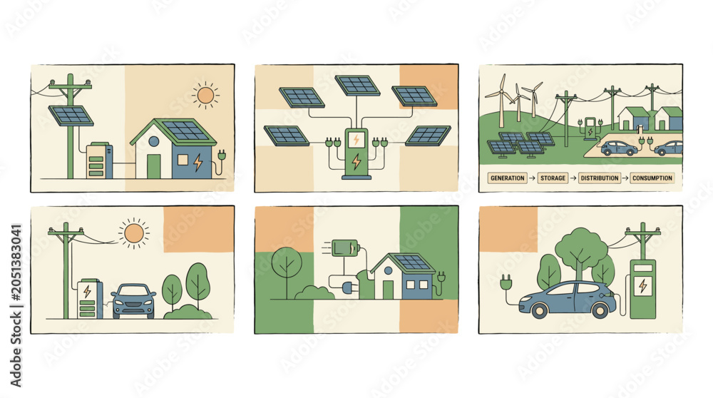 Fototapeta premium Renewable energy microgrid infographic with solar panels and EV charging