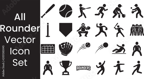 Professional rounders icon collection showcasing baseball gear and sports participants.