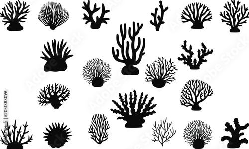 Bild auf Leinwand Deep ocean floor seaweed and aquatic flora stencil graphic collection with various biological coral shapes for summer beach tropical aquarium pattern designs
