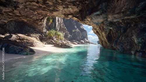 View from a rocky coastal cave looking out to a white sand beach and turquoise ocean water