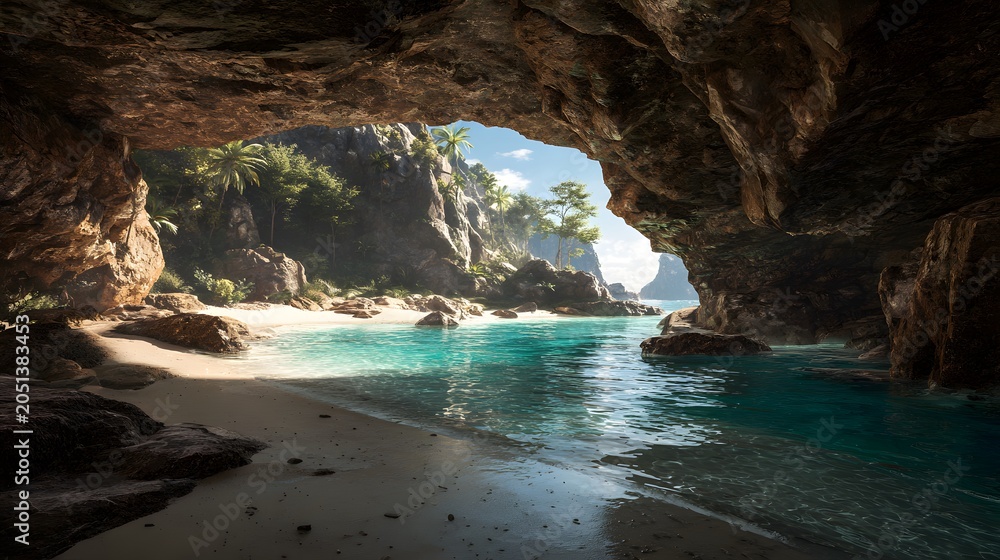 Fototapeta premium Tropical coastal cave opening to a hidden beach with turquoise water and white sand dunes