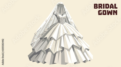 Fotografia Luxury princess style white bridal gown with pearl decorated veil and layered tu