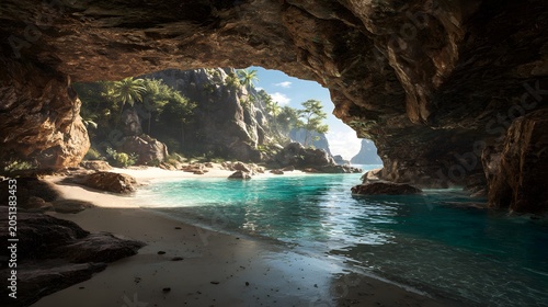 Tropical coastal cave opening to a hidden beach with turquoise water and white sand dunes