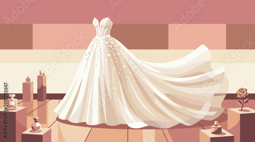 Fotografi Luxury princess style white bridal gown with pearl decorated veil and layered tu