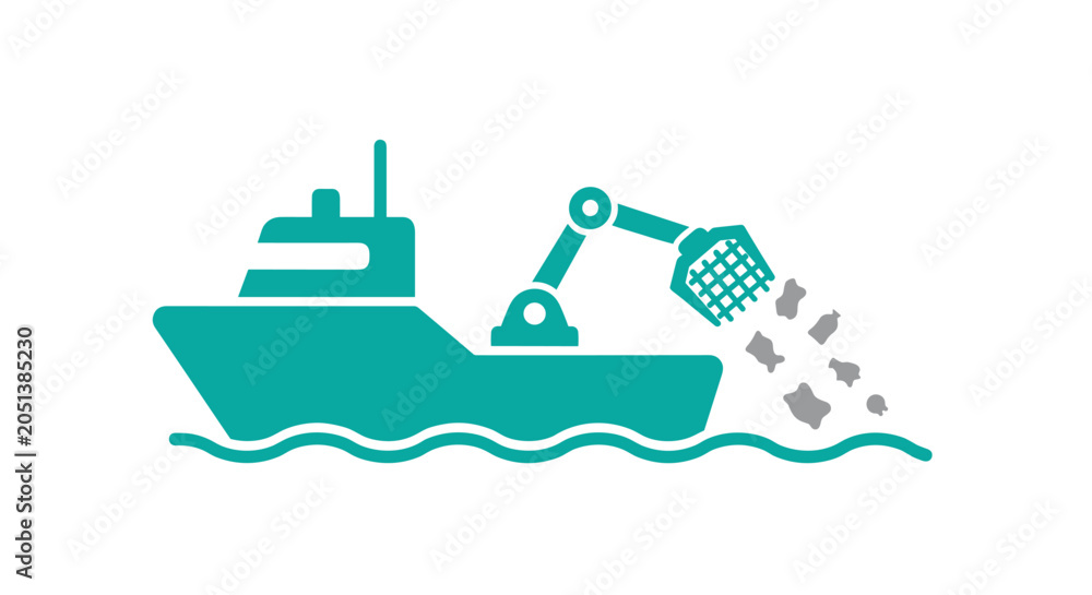 Obraz premium Industrial fishing boat with a net catching fish, commercial fishing industry, food supply chain icon