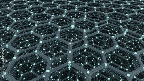 A close-up view of a hexagonal graphene lattice structure with glowing nodes and connections.