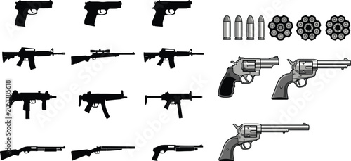 Tableau sur toile Complete Firearm Collection Silhouette Set with Revolvers Rifles Pistols Bullets