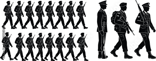 Tableau sur toile Black Silhouette Set of Military Soldiers and Officers Marching in Formation an