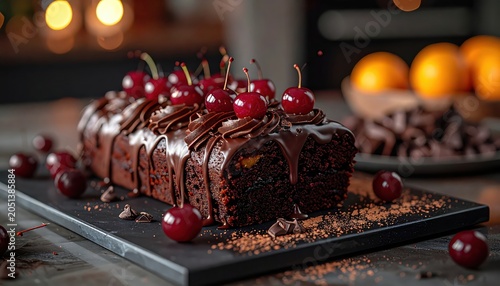 Decadent Dark Chocolate Cake With Swirled Ganache And Fresh Cherries